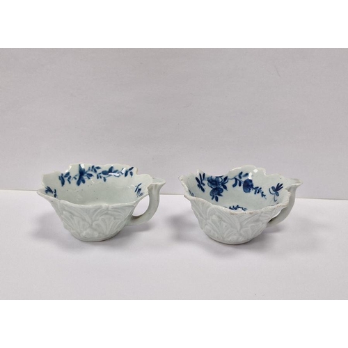 61 - Two Worcester blue and white leaf-shaped pickle dishes, circa 1757, blue workman's 4 mark to undersi... 