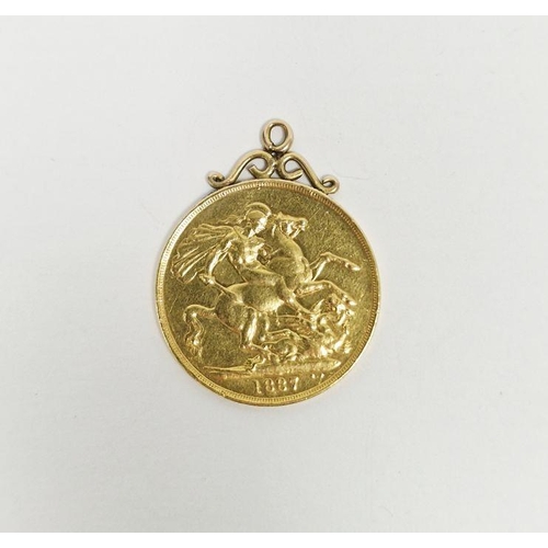 617 - Victorian 1887 double sovereign with scroll pendant mount, 16.6g approx.