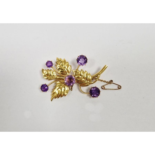 629 - Gold coloured metal and amethyst coloured stone foliate spray brooch, set five amethyst coloured sto... 