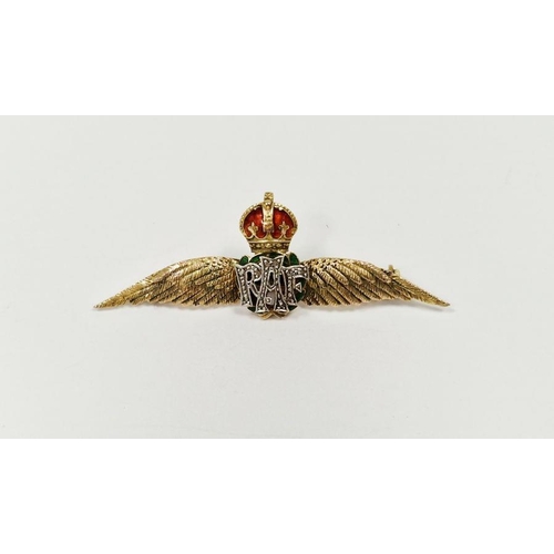 635 - Gold coloured metal enamel and small old cut diamond RAF sweetheart brooch