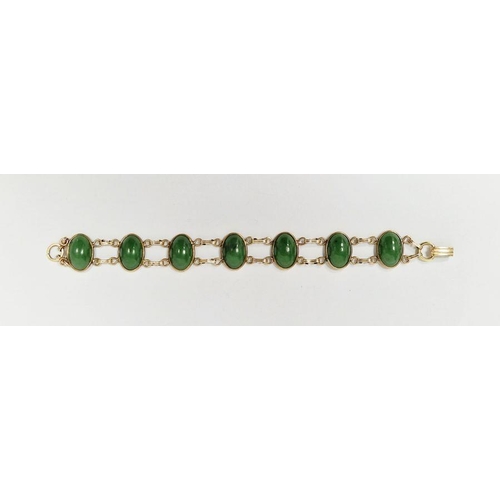 653 - 12K gold filled green cabochon stone set bracelet, indistinctly marked Vandell, set seven green hard... 