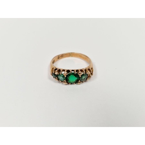 681 - 9ct gold and green stone dress ring set four cut emerald green coloured stones (one missing)