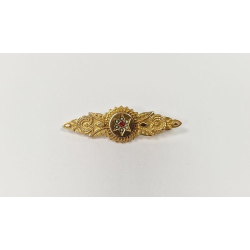 682 - Victorian 9ct gold bar brooch, filigree decorated and set with seed pearls and pink stones to the ce... 