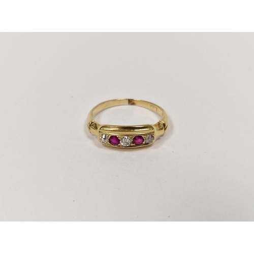 691 - Antique gold-coloured metal ring, a ruby-coloured stone and diamond ring set three diamonds and two ... 