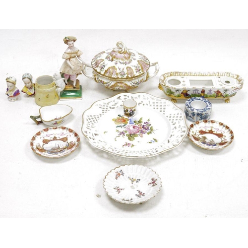 71 - Group of mid to late 19th century Continental porcelain, including: a footed shaped oval inkstand pa... 