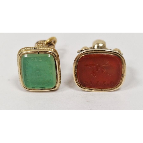 714 - 19th century gold-coloured metal and cornelian set seal inscribed 'Speed' and another 'Telle est la ... 