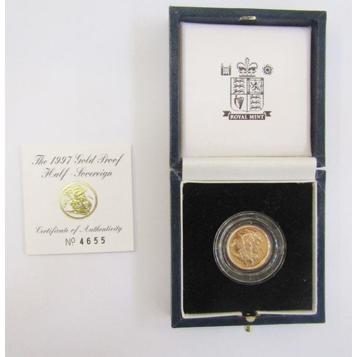 751 - 1997 gold proof half sovereign, struck to 22ct gold. In original Royal Mint box with certificate.