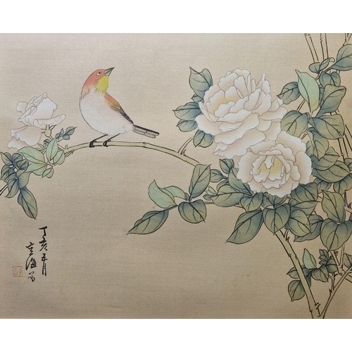 762 - Pair of Japanese prints of a bird on branch heightened with bodycolour, framed and glazed, 23.5cm x ... 