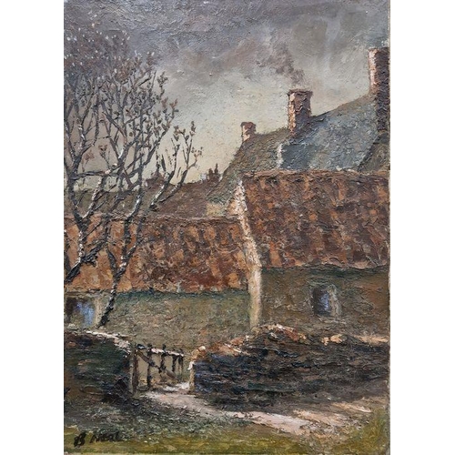 771 - B Neal (20th century) 
 Oil on canvas
 Houses and a footpath, signed, 36cm x 26cm