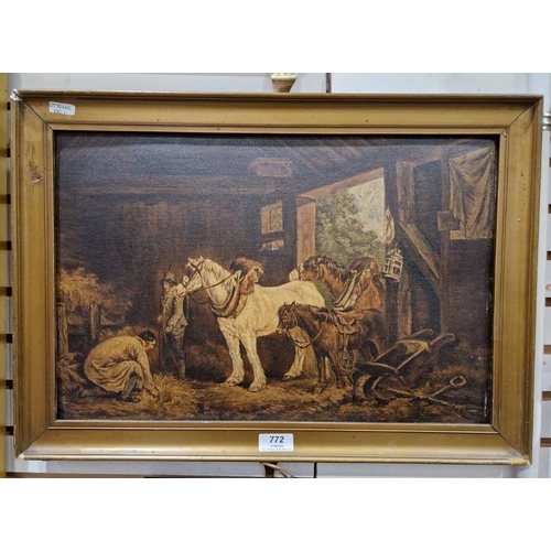 772 - Unattributed (early 20th century, British school) 
 Oil on board
 Interior stable scene depicting st... 