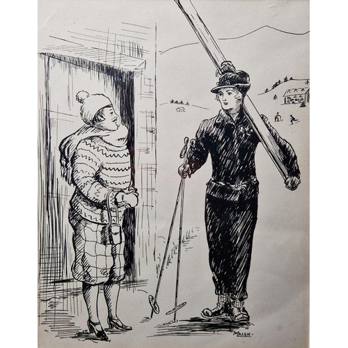 777 - M Massie (early to mid 20th century) 
 Ink and pencil 
 two caricatures depicting figures with skis
... 