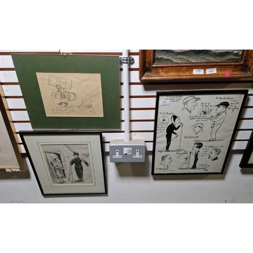 777 - M Massie (early to mid 20th century) 
 Ink and pencil 
 two caricatures depicting figures with skis
... 