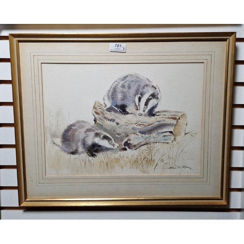 781 - Eileen Alice Soper (1905-1990) 
 Watercolour on paper 
 Badgers in landscape, signed lower right, fr... 