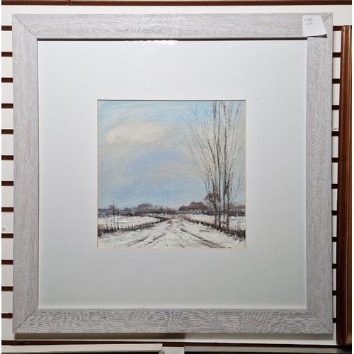 781A - Peter Hodson (21st century) 
 Oil on board
 Winter Landscape, probably Norfolk
 27.5cm x 27.5cm, fra... 