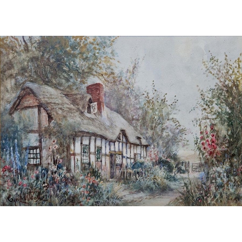 789 - Cyril Wood (20th century)  

Two watercolours on paper, Each depicting thatched cottages in gardens,... 