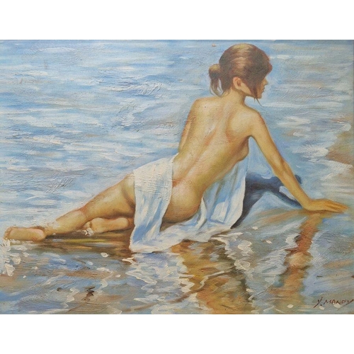 790 - F Mandy 
 Oil on board
 Female nude within a beach scene, signed lower right, 45cm x 36cm