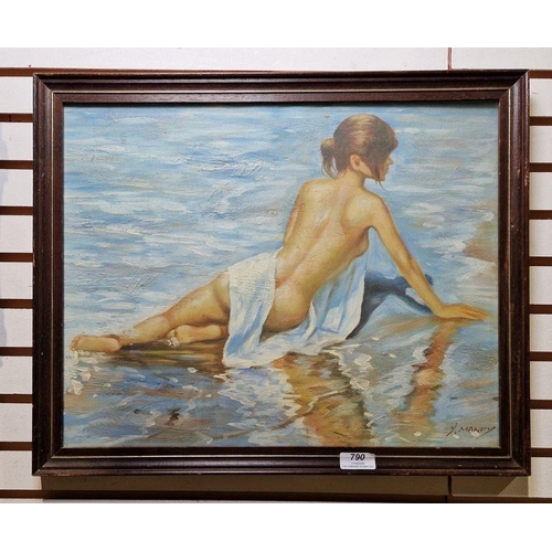 790 - F Mandy 
 Oil on board
 Female nude within a beach scene, signed lower right, 45cm x 36cm