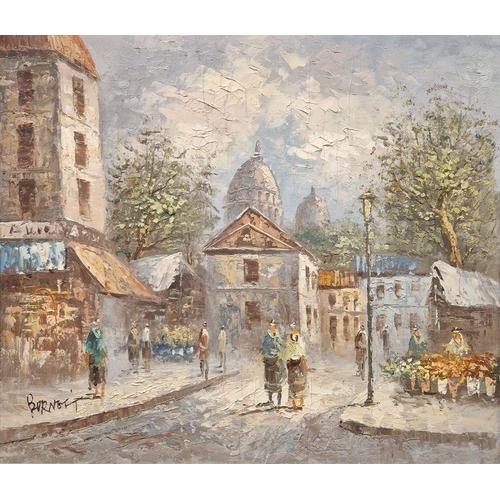 792 - J Burnett (20th century) 
 Oil on panel together with an oil on canvas
 Each depicting Parisian stre... 