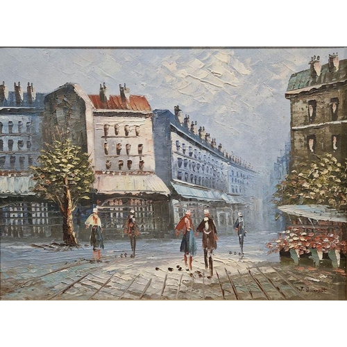 792 - J Burnett (20th century) 
 Oil on panel together with an oil on canvas
 Each depicting Parisian stre... 