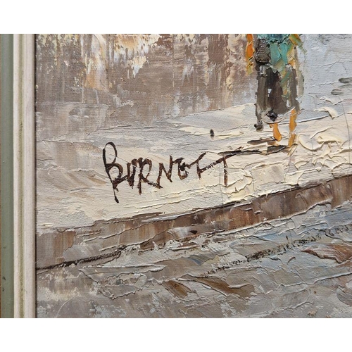 792 - J Burnett (20th century) 
 Oil on panel together with an oil on canvas
 Each depicting Parisian stre... 