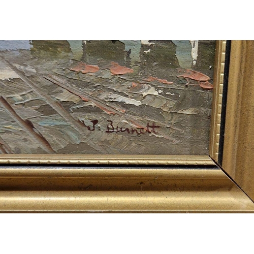 792 - J Burnett (20th century) 
 Oil on panel together with an oil on canvas
 Each depicting Parisian stre... 