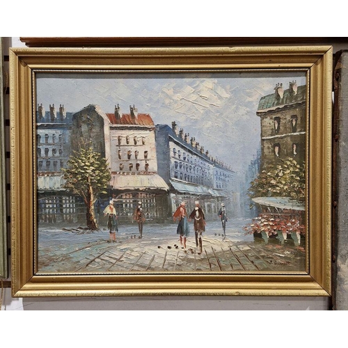 792 - J Burnett (20th century) 
 Oil on panel together with an oil on canvas
 Each depicting Parisian stre... 