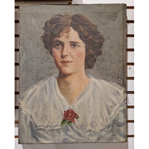 793 - Unattributed (Early 20th Century School)
 Oil on canvas 
 Edwardian portrait of lady wearing a red r... 