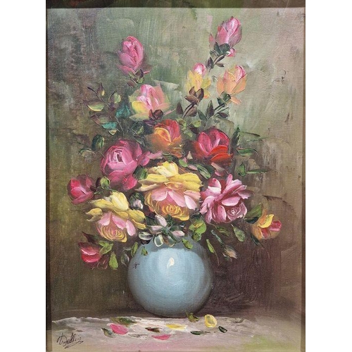 795 - 20th century 
 Oil on canvas 
 Still life depicting a bouquet of roses in a blue vase, indistinctly ... 