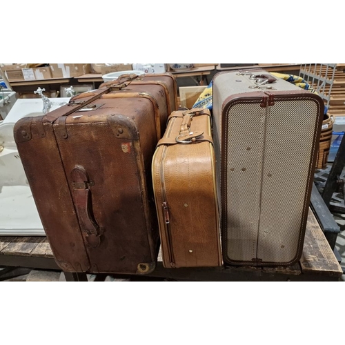 1319 - Vintage bentwood and leather-bound travelling trunk, a vintage Pioneer suitcase and a further leathe... 