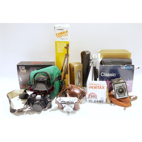 100 - Collection of cameras, binoculars and related accessories including a Cobra tripod model CT20, a Kod... 