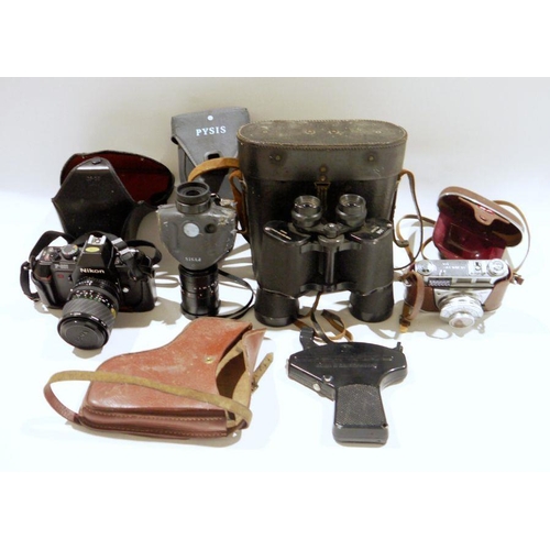 101 - Cased Nikon F301 semi-automatic camera with a Sigma 1:3.5-4.5 lens, a Pysis viewer with Fuji lens 1:... 