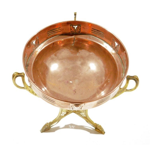 104 - Art Nouveau copper centrepiece bowl on brass stand, circa 1900, the bowl with a band of pierced foli... 