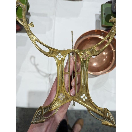 104 - Art Nouveau copper centrepiece bowl on brass stand, circa 1900, the bowl with a band of pierced foli... 