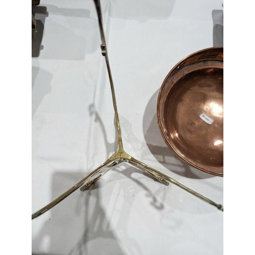 104 - Art Nouveau copper centrepiece bowl on brass stand, circa 1900, the bowl with a band of pierced foli... 