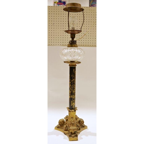 119 - Large Victorian gilt metal mounted converted library oil lamp, with foliate carved globular reservoi... 