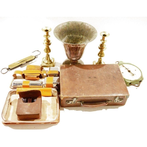 136 - Assorted collectables to include, a pair of brass baluster candlesticks, Slaters scales and Slaters ... 