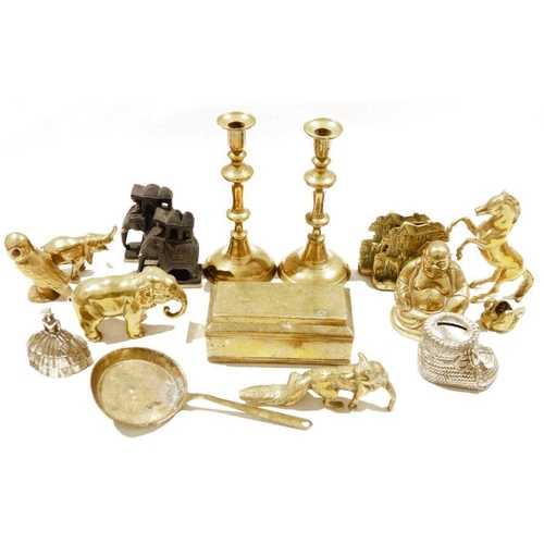 138 - Assorted brassware and collectables including a pair of brass baluster candlesticks, a mid-century w... 