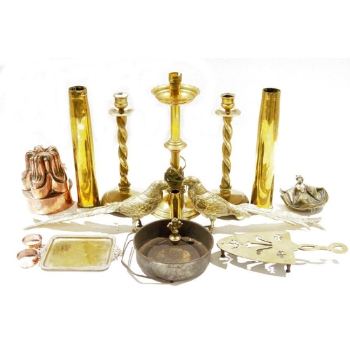 143 - Assorted brass and metalware including a pair of brass barleytwist candlesticks, a pair of brass tre... 