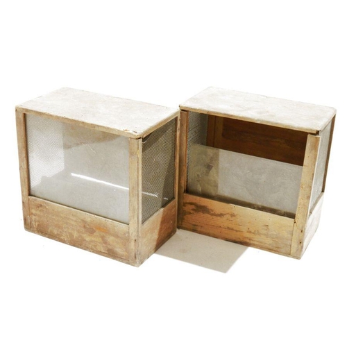 144 - Two early 20th century glazed wooden boxes (probably bird cages/transporters), each with wire mesh s... 