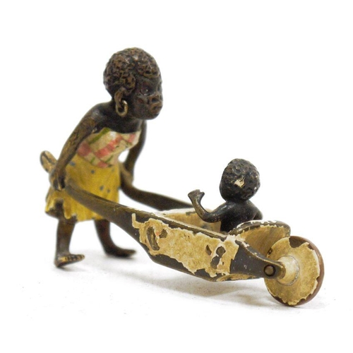 147A - Late 19th/early 20th century cold painted bronze figure group, depicting a lady pushing a child alon... 