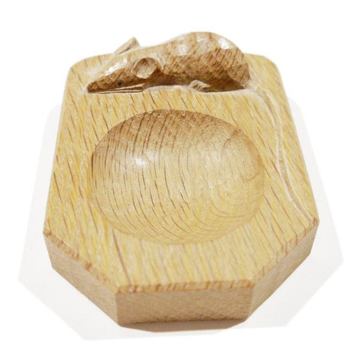 155 - Robert Thompson 'Mouseman' carved oak ashtray of canted rectangular form carved with a signature mou... 