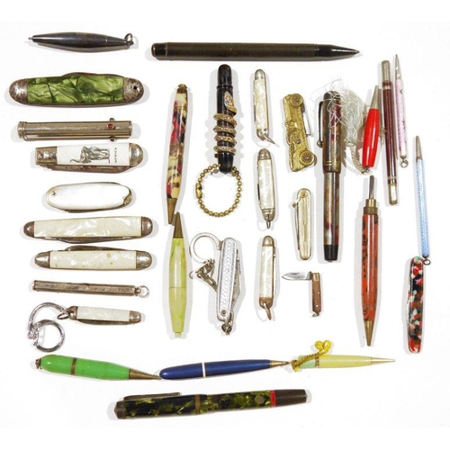 164 - Assorted penknives, fountain pens and propelling pencils including examples in silver, bakelite and ... 