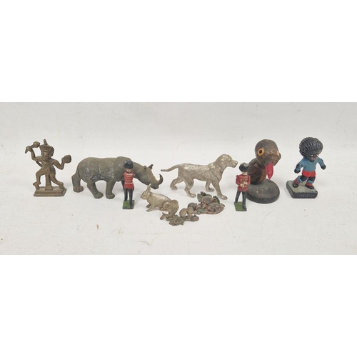 168 - Assorted white metal models of animals including a rhino and a hound, a Robertsons figure of a footb... 