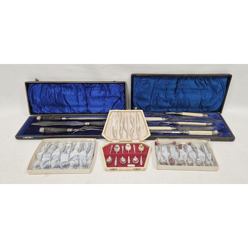 272 - Two cased carving sets, one set having horn handles and a selection of silver-plated flatware to inc... 