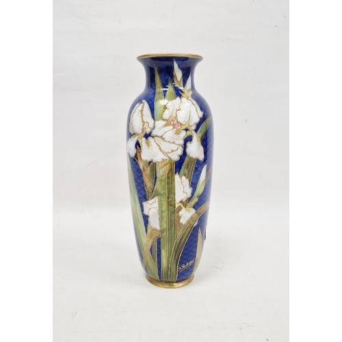 3 - Doulton Burslem blue scale pattern ground oviform vase, decorated with irises outlined in gilding, s... 