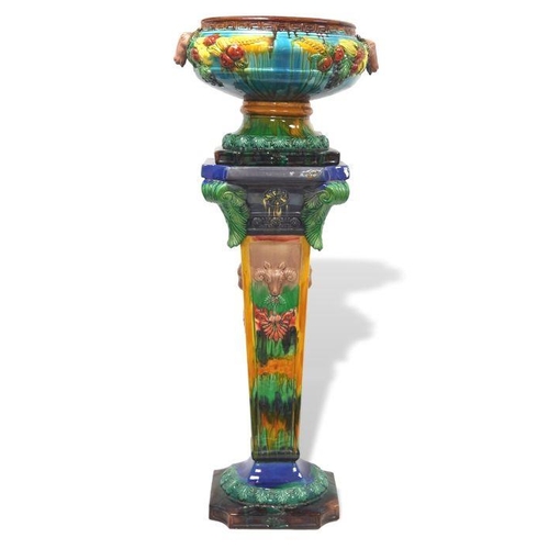 50 - Large 20th century Italian majolica jardiniere on stand in the neoclassical style, modelled with ram... 