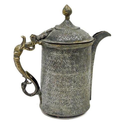 73 - 18th/19th century or earlier Eastern tinned jug or ewer with hinged cover, the brass dragon handle w... 