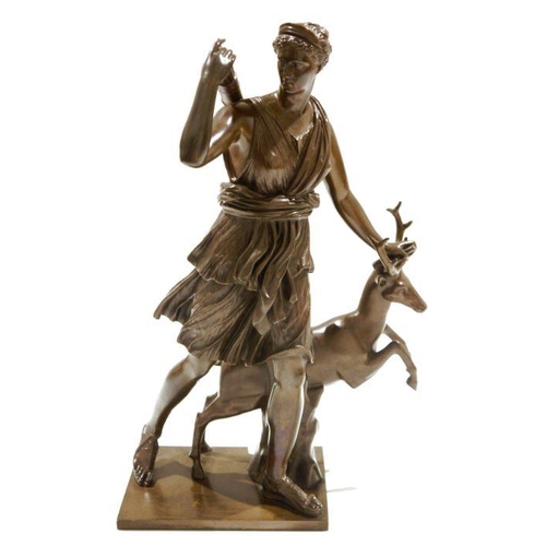 91 - Diana of Versailles, after Ferdinand Barbedienne (1810-1892) patinated bronze, beside a stag, stampe... 