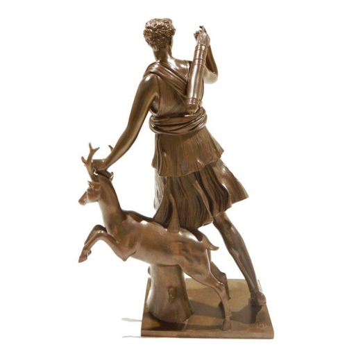 91 - Diana of Versailles, after Ferdinand Barbedienne (1810-1892) patinated bronze, beside a stag, stampe... 