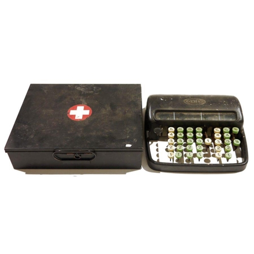 97 - Vintage Contex bakelite adding machine in black, and a black metal first aid box by John Bell and Cr... 